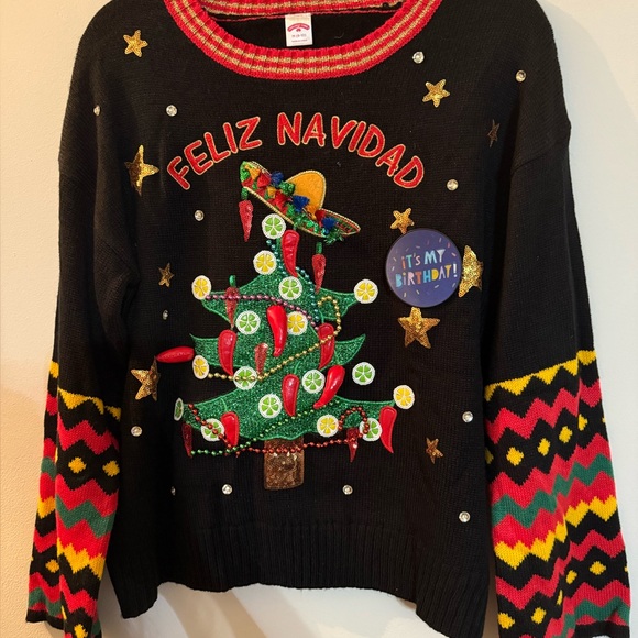 Feliz Navidad Ugly Christmas Sweater with Colorful Embroidery - Picture 1 of 6